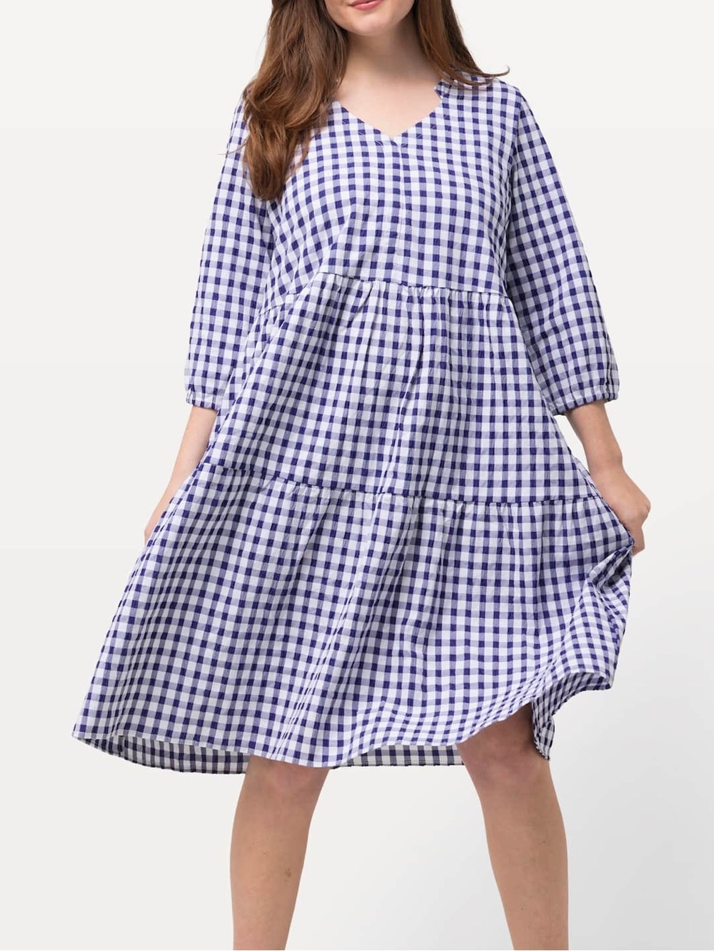 ULLA POPLEN  Blue & White Gingham Tiered Casual Dress WOMEN SIZE 24/26